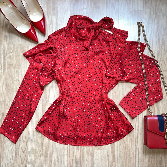 Zara red satin heart patterned tiered pussybow blouse - Picture 2 of 14